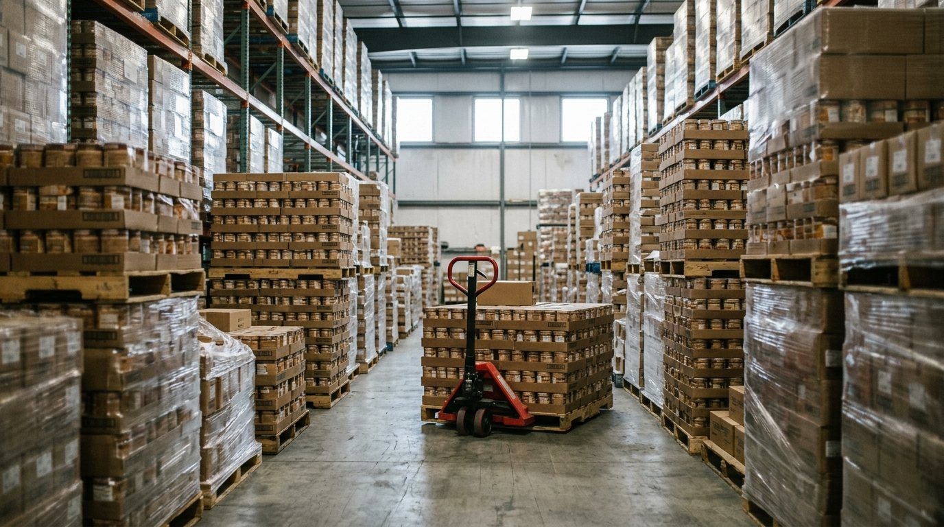 Finished goods stacked high and spilling into the aisle