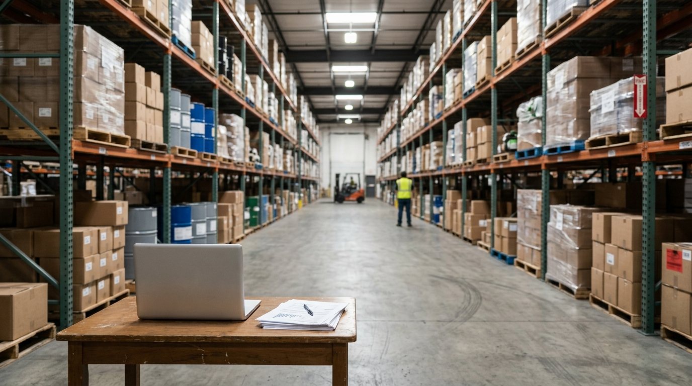 A distribution warehouse aisle with a laptop and the monthly report on a desk