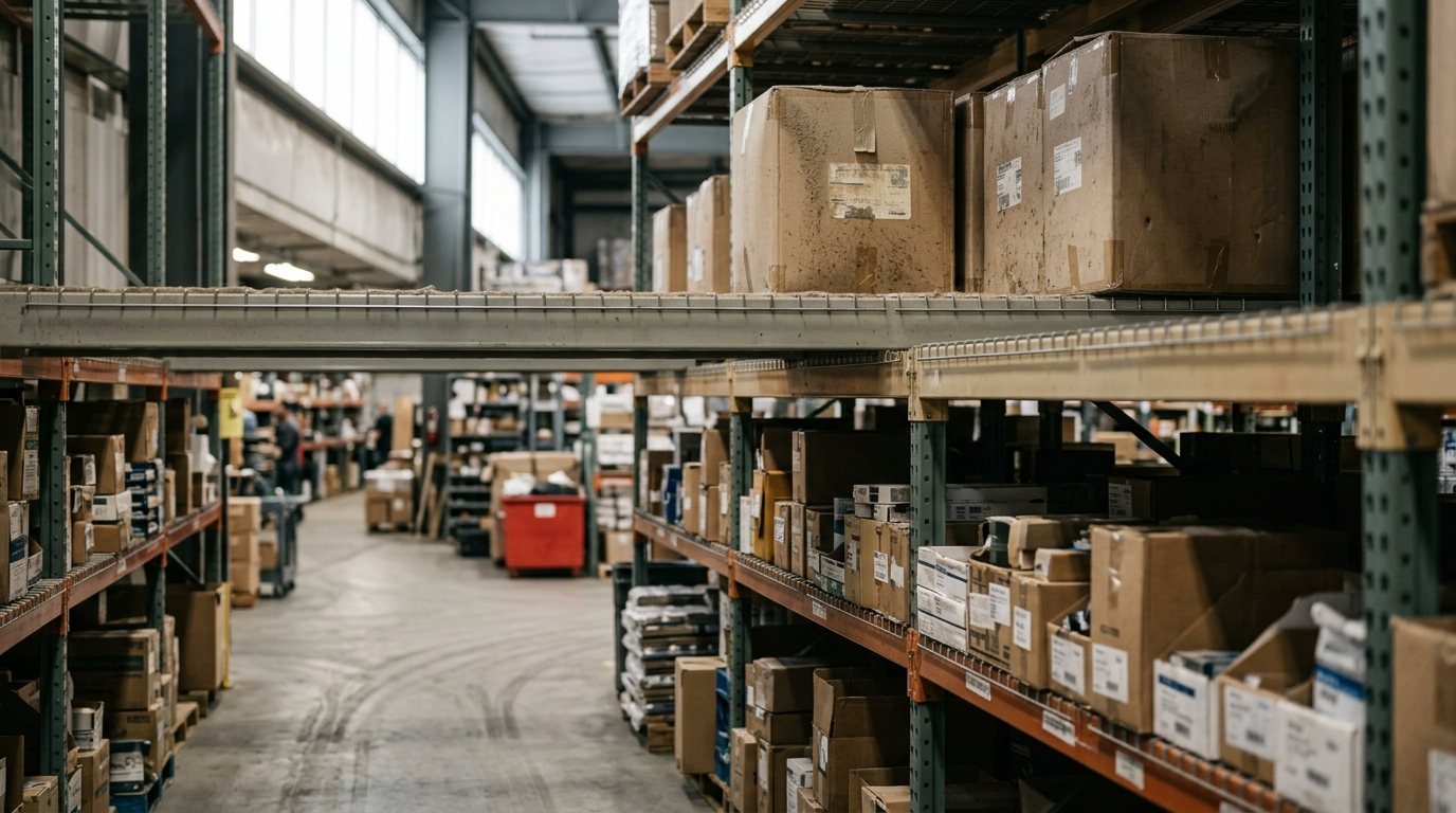 Large boxed parts gathering dust on the top shelf of the racking