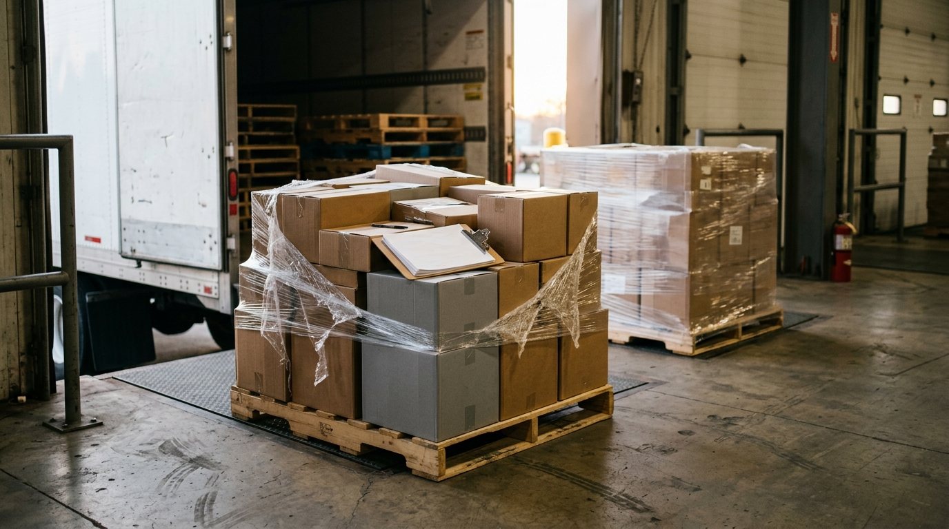 A pallet half unloaded at the receiving dock